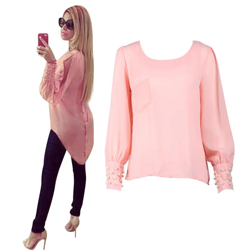 Women Chiffon Blouse Long Sleeve Casual Chiffon Shirt Tops Blouse Shirt 1