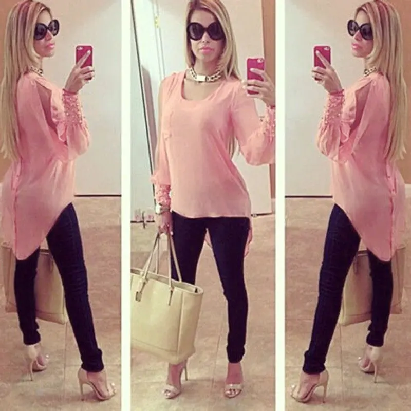 Women Chiffon Blouse Long Sleeve Casual Chiffon Shirt Tops Blouse Shirt 2