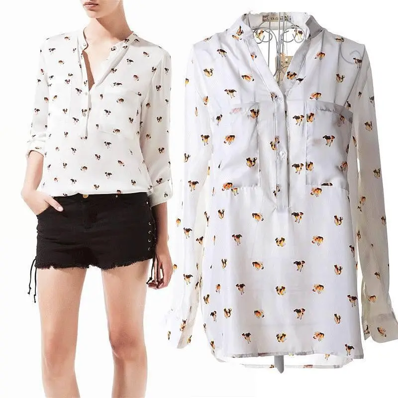 Women Chiffon Clothing Puppy Print Long Sleeve Shirt Slim Casual Shirts Blouses Blusa Feminina 1