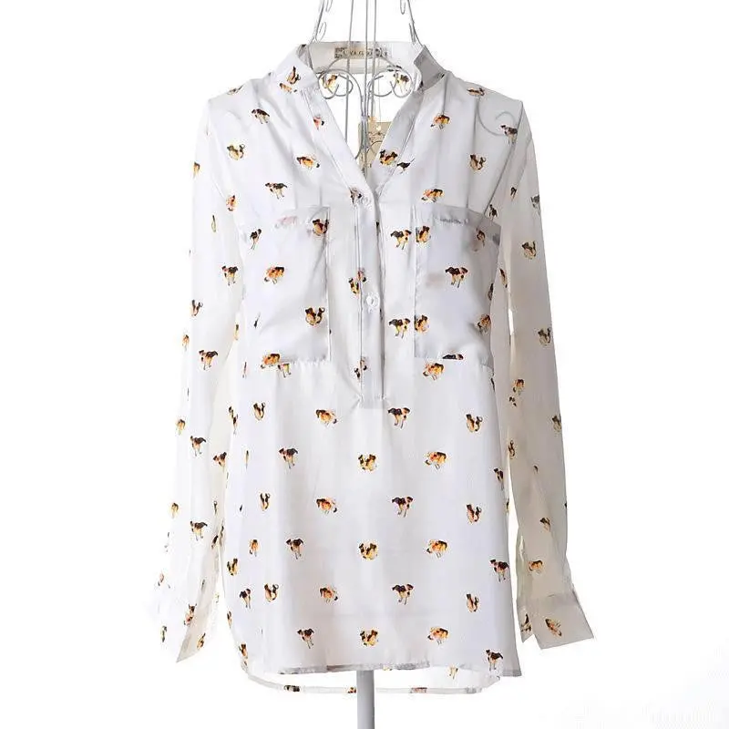 Women Chiffon Clothing Puppy Print Long Sleeve Shirt Slim Casual Shirts Blouses Blusa Feminina 4