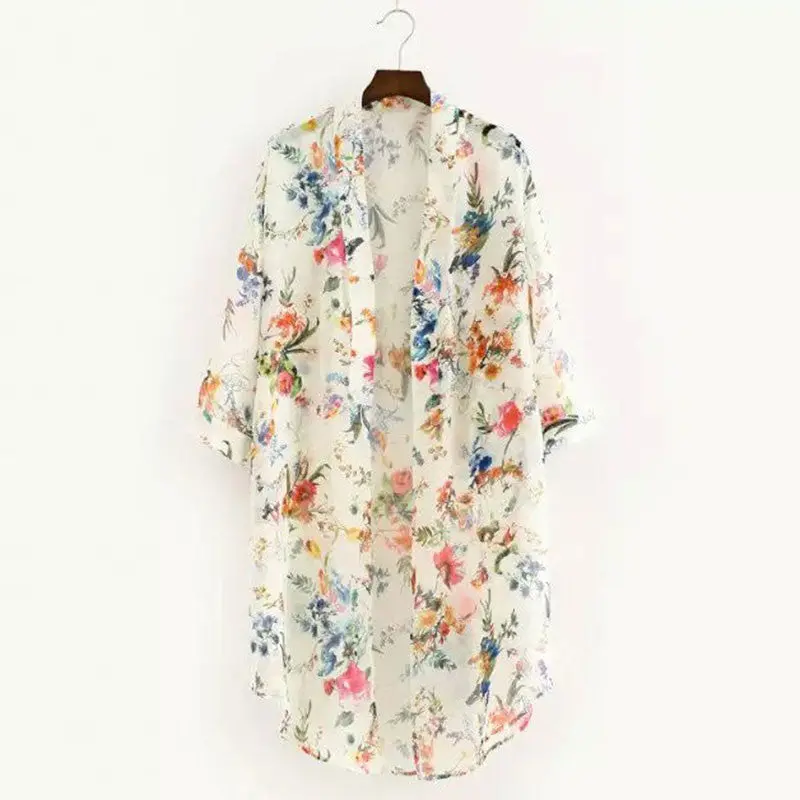 Women Chiffon Floral Kimono Cardigan Cover Up Floral Print 3/4 Sleeve Open Neck Asymmetric Blouse Kimonos Ladies Tops M S-Xl 1