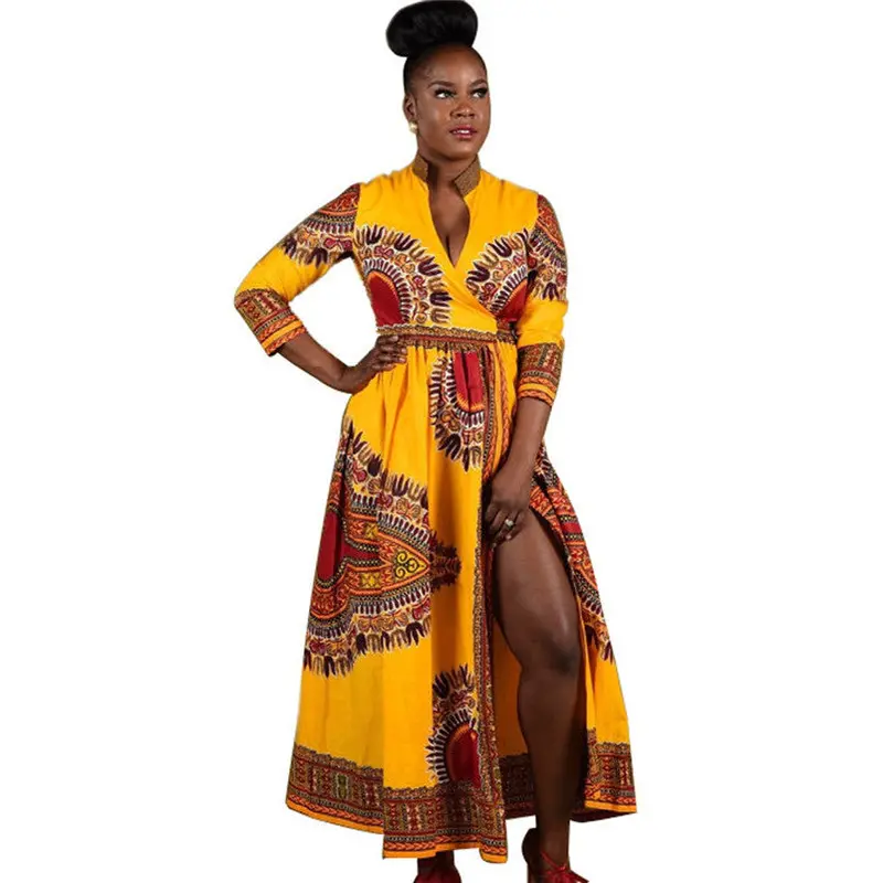 Women Cloak African Print Dress Vintage Maxi Dress Straight Long Sleeve Long Party Dresses Fast Shipping Feida 1