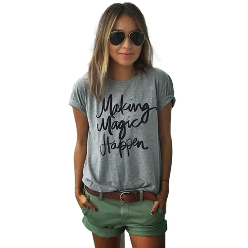 Women Clothing Cute Letter Print Shirt Shortsleeve Oneck Slim Shirt Women Top Plus Size Shirts 1