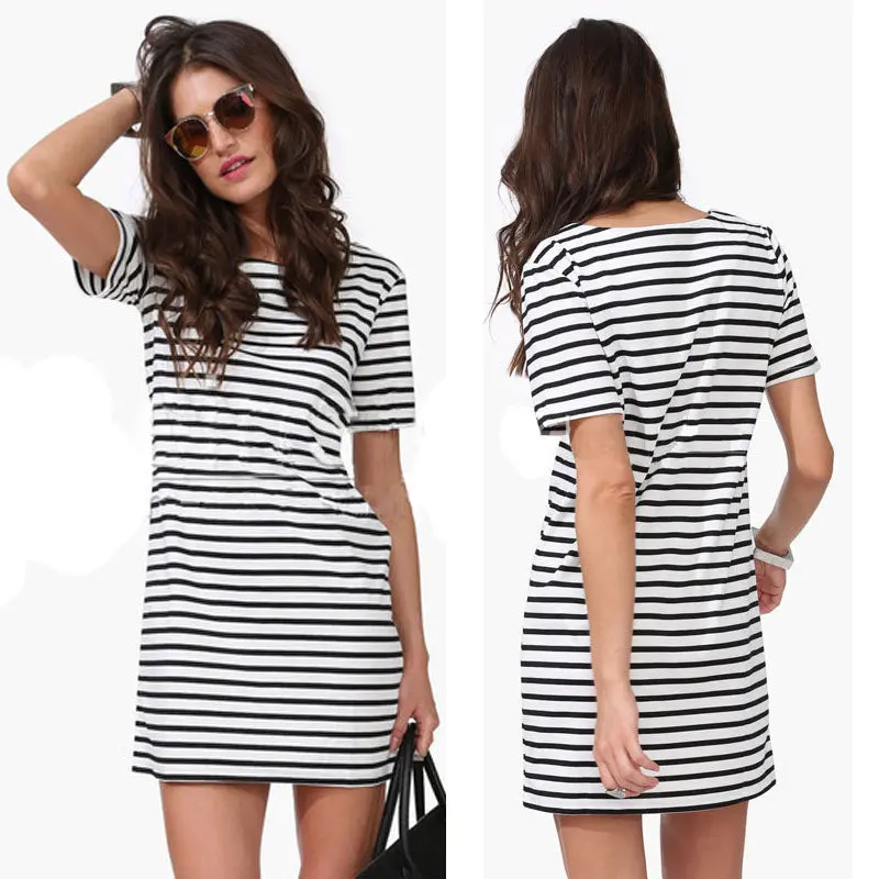 Women Clothing Short Sleeve Round Neck Stripe Casual Short Mini Dress Plus Size Vestido De Festa Robe 1