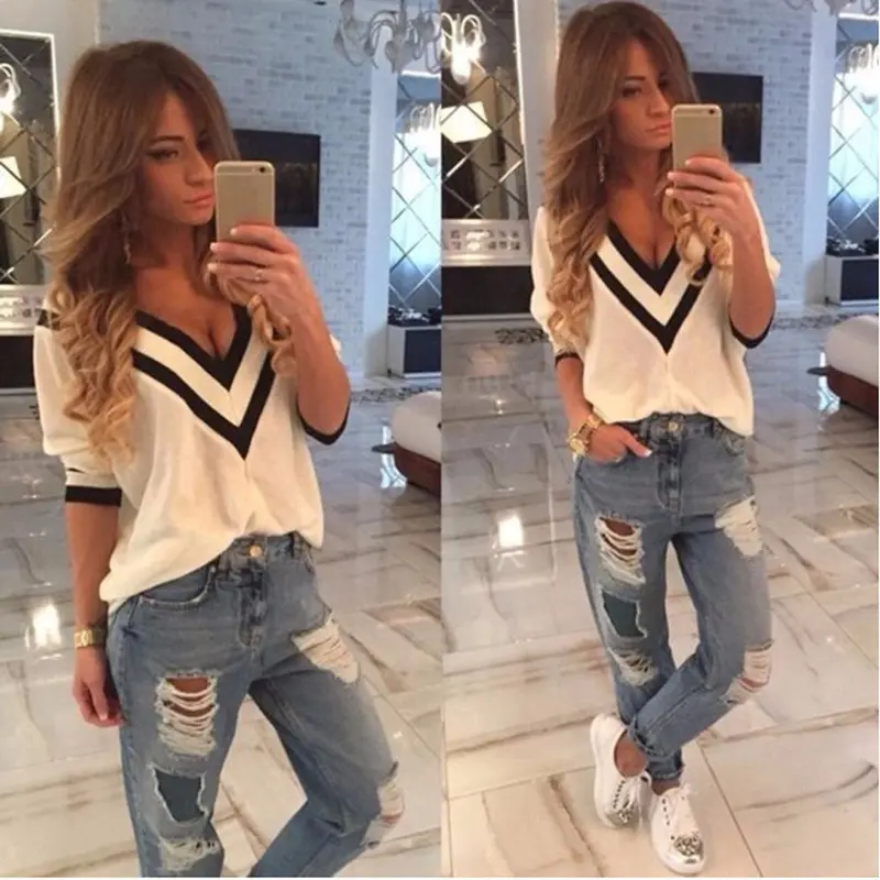 Women Clothing Solid Loose White Blouse Shirt Plus Size V Neck Casual Top Korean Chemise 1