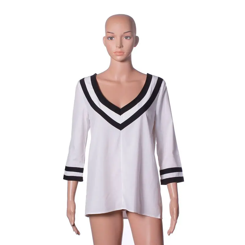 Women Clothing Solid Loose White Blouse Shirt Plus Size V Neck Casual Top Korean Chemise 2
