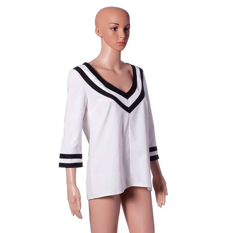 Women Clothing Solid Loose White Blouse Shirt Plus Size V Neck Casual Top Korean Chemise 3