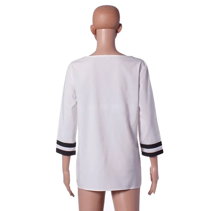 Women Clothing Solid Loose White Blouse Shirt Plus Size V Neck Casual Top Korean Chemise 4