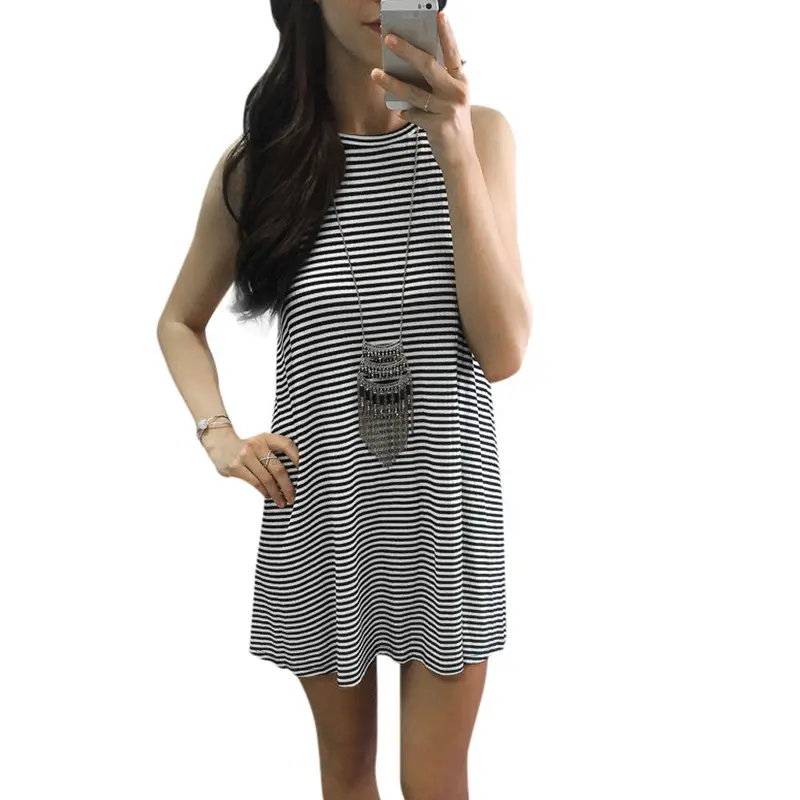Women Clothing Stripe Round Neck Sleeveless Bottoming Shirt Dress Vestidos Robe Dress Feida 1
