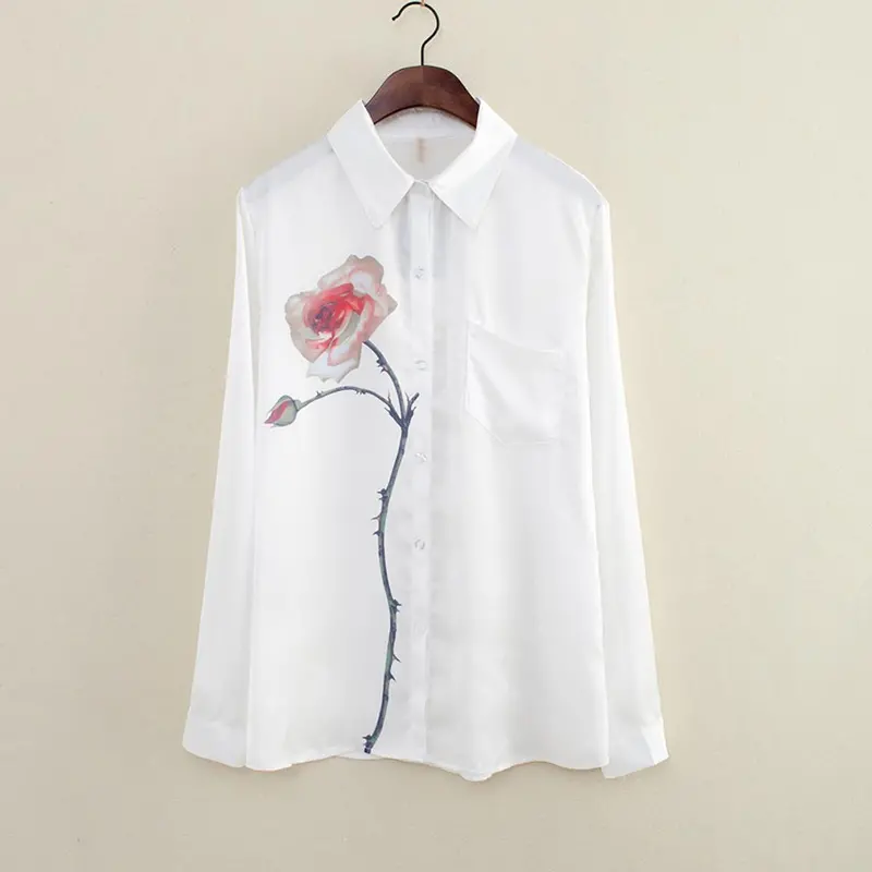 Women Clothing White Long Sleeve Rose Flower Chiffon Blouse Shirt Turn Down Collar Shirts Plus Size Blusas 2