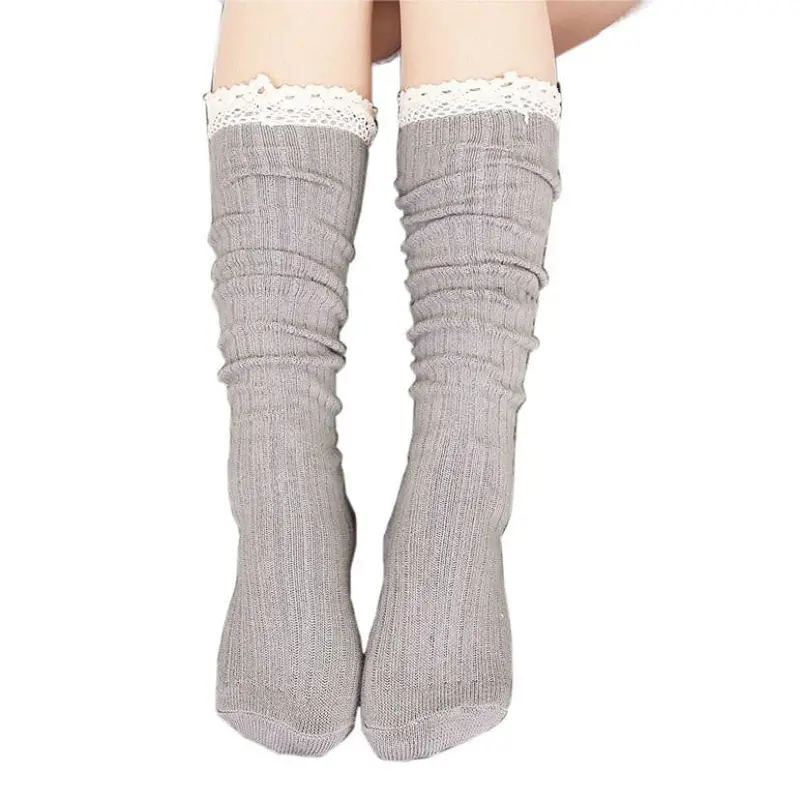 Women Clothing Women Crochet Lace Trim Cotton Knit Footed Leg Boot Knee High Stocking 1