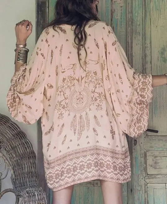 Women Coat Casual Boho Printed Floral Chiffon Loose Sleeve Shawl Kimono Cardigan Tops Cover Up Blouse Casaco Feminino Sweater 4