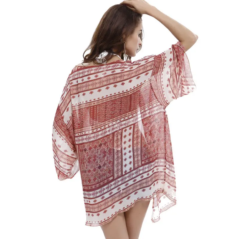 Women Coat Floral Printed Chiffon Loose Shawl Kimono Boho Cardigan Coat Jacket Beach Cover Up Tops Blouse 2