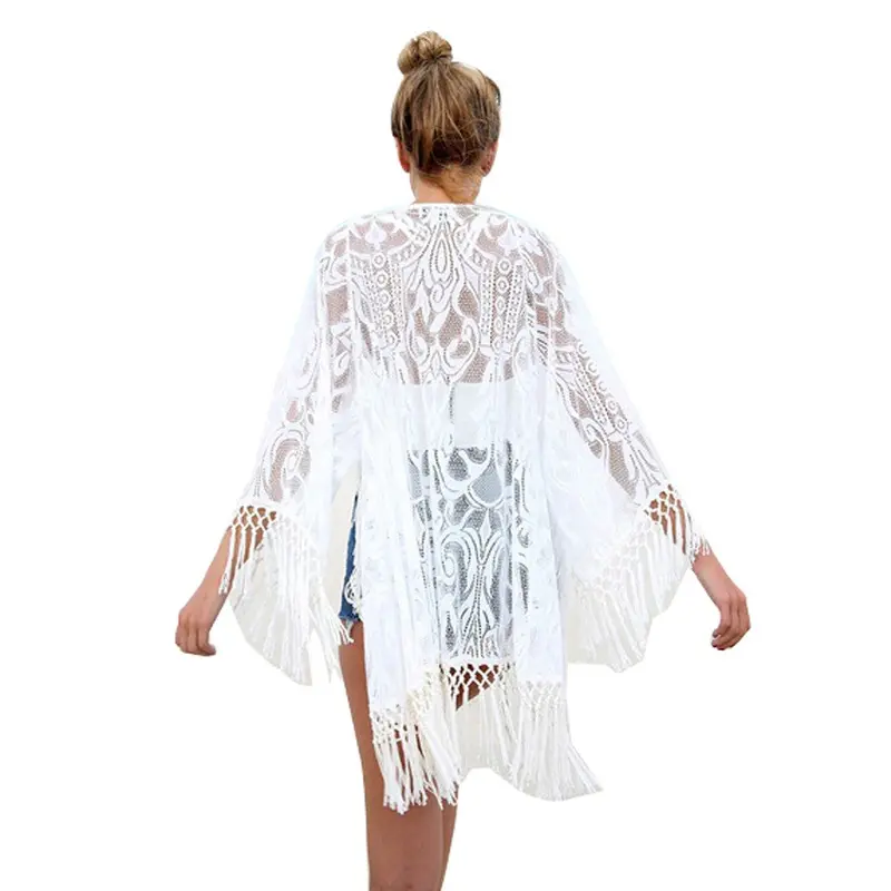 Women Coat Lace Long Tassel Bikini Swimwear Cover Up Beach Jacket Coat Bathing Suit Tops Blouse Cover Up 3