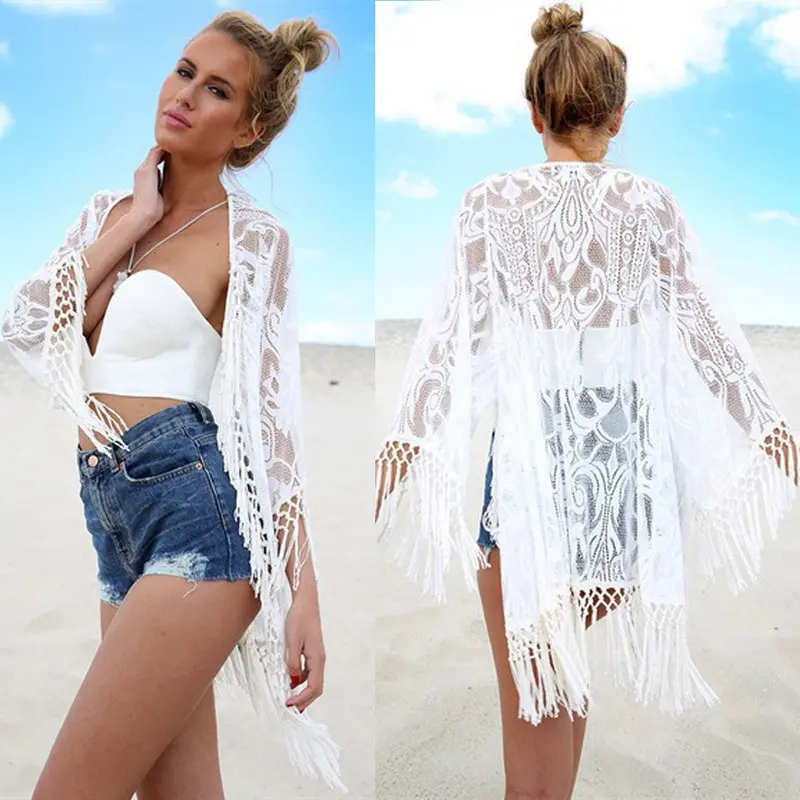 Women Coat Lace Long Tassel Bikini Swimwear Cover Up Beach Jacket Coat Bathing Suit Tops Blouse Cover Up 4
