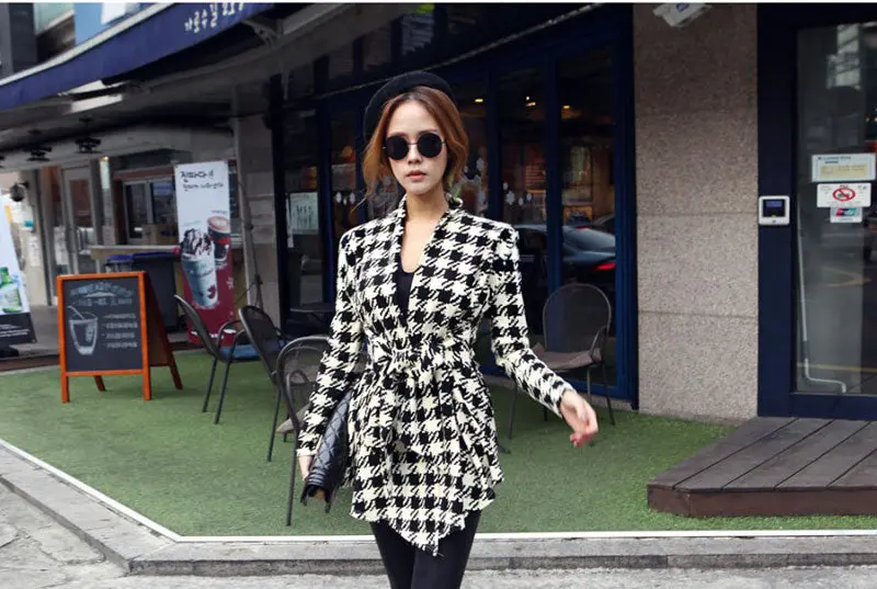 Women Coat Womens Houndstooth Pattern Thin Long Sleeve Cardigan Jacket Coat Outwear Tops 1