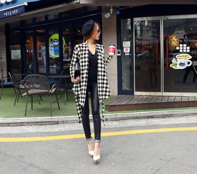 Women Coat Womens Houndstooth Pattern Thin Long Sleeve Cardigan Jacket Coat Outwear Tops 3