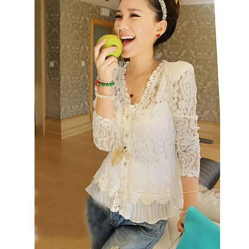 Women Collar Tops Long Sleeve Blouse Lace Dressed Shirts Vetement S Dames Bloezen 1