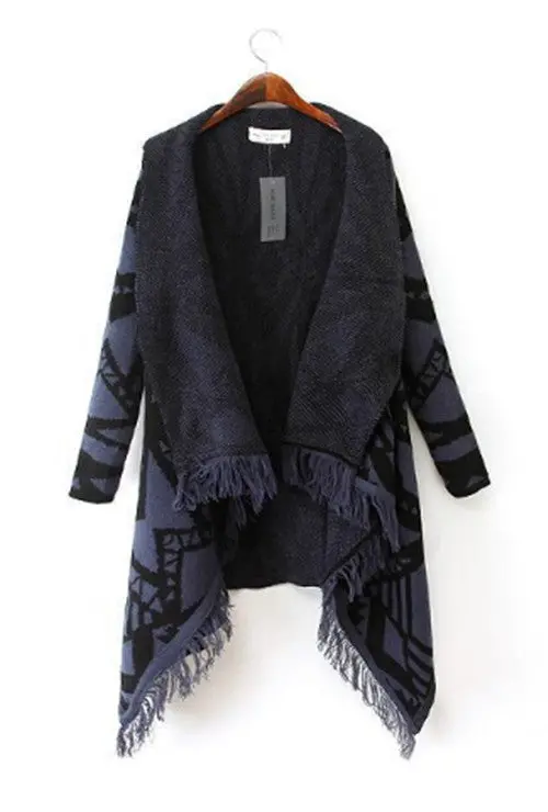 Women Color Contrast Irregular Hippie Boho Ethnic Knit Tassels Cardigan Sweater Coat Cape Tops 1