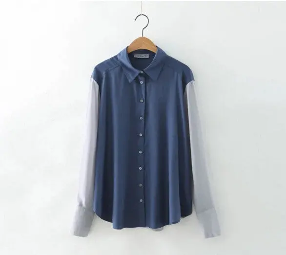 Women Contrast Color Patchwork Shirt Casual Buttons Long Sleeve Blouse Tops Blusas Femme Blusas 1