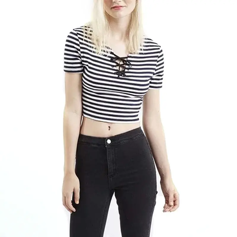 Women Corselets Bandage Tops New Striped Tops Ladies Tshirt Sexy Crop Tops Striped Short Sleeved T-Shirt Short Women 1