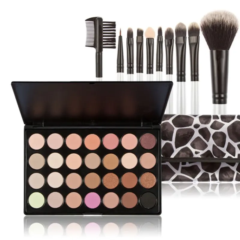 Women Cosmestic Eye Shadow Palette Kit 28 Colors Eye Shadow Palette Makeup 10Pcs Eyeshadow Brush Bag 1