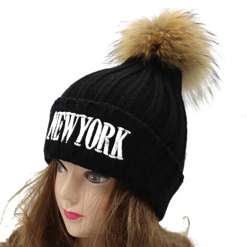 Women Crochet Hat Fur Wool Knit Beanie Raccoon Warm Cap 1