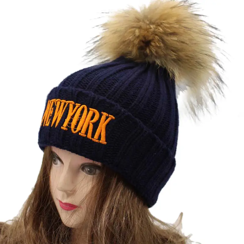 Women Crochet Hat Fur Wool Knit Beanie Raccoon Warm Cap 2