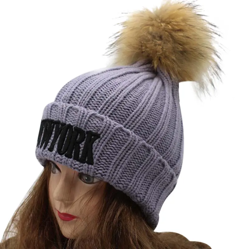 Women Crochet Hat Fur Wool Knit Beanie Raccoon Warm Cap 3