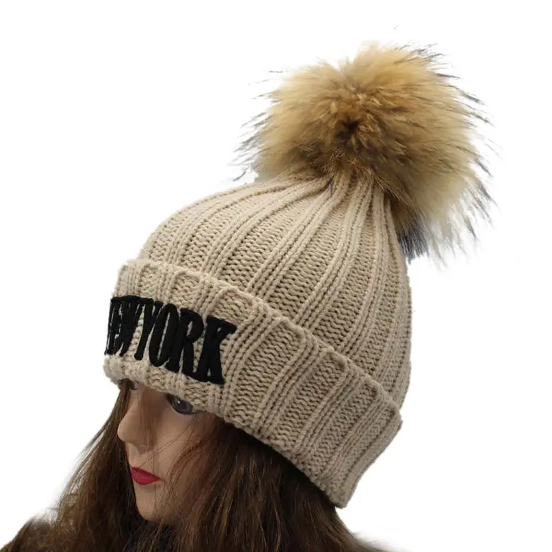 Women Crochet Hat Fur Wool Knit Beanie Raccoon Warm Cap 4