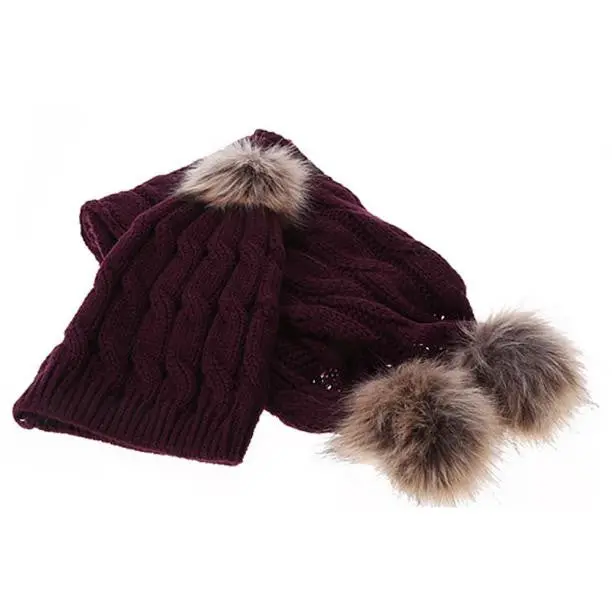 Women Crochet Hat Fur Wool Knit Beanie Raccoon Warm Cap+Scarf Shawl Suit 1