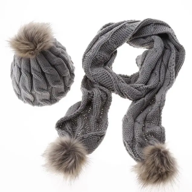 Women Crochet Hat Fur Wool Knit Beanie Raccoon Warm Cap+Scarf Shawl Suit 3