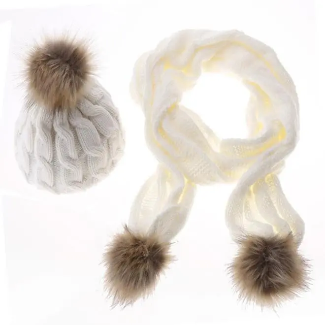 Women Crochet Hat Fur Wool Knit Beanie Raccoon Warm Cap+Scarf Shawl Suit 4