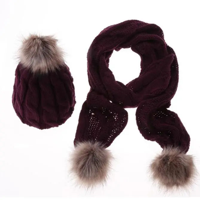 Women Crochet Hat Fur Wool Knit Beanie Raccoon Warm Cap+Scarf Shawl Suit 5