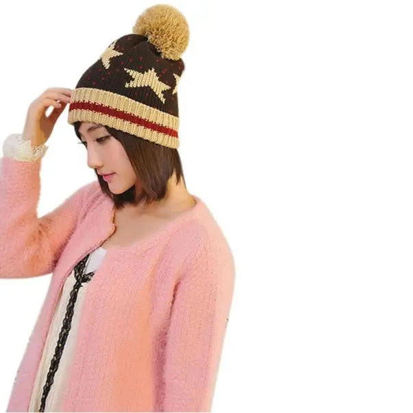 Women Crochet Wool Ball Hat Wool Knit Beanie Warm Cap 1