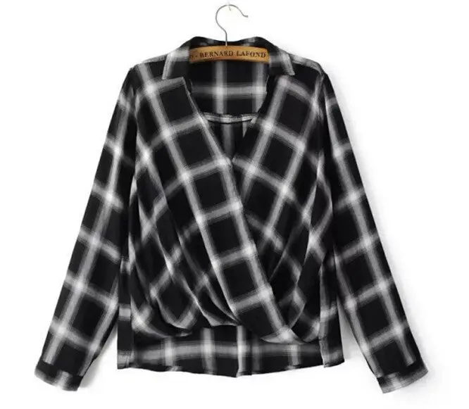 Women Cross Deep V Lapel Plaid Print Slim Pullover Shirt Long Sleeve Contrast Color Plaid Cotton Blouses Casual Tops 1