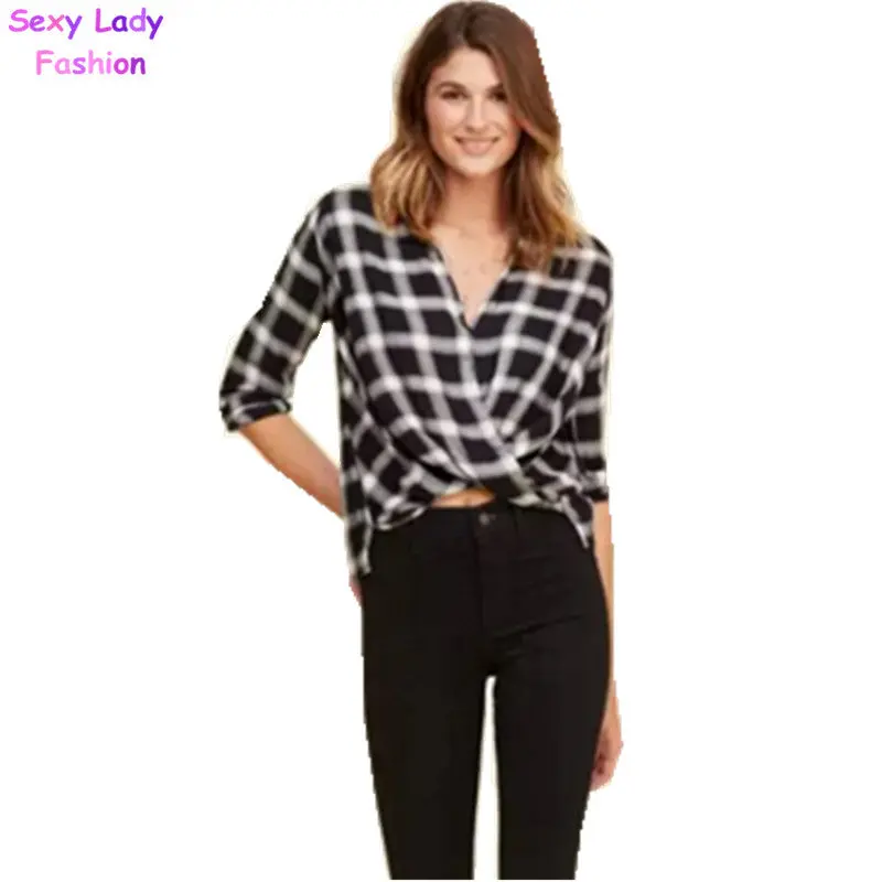 Women Cross Deep V Lapel Plaid Print Slim Pullover Shirt Long Sleeve Contrast Color Plaid Cotton Blouses Casual Tops 2