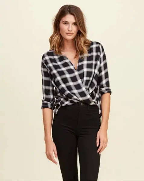 Women Cross Deep V Lapel Plaid Print Slim Pullover Shirt Long Sleeve Contrast Color Plaid Cotton Blouses Casual Tops 3