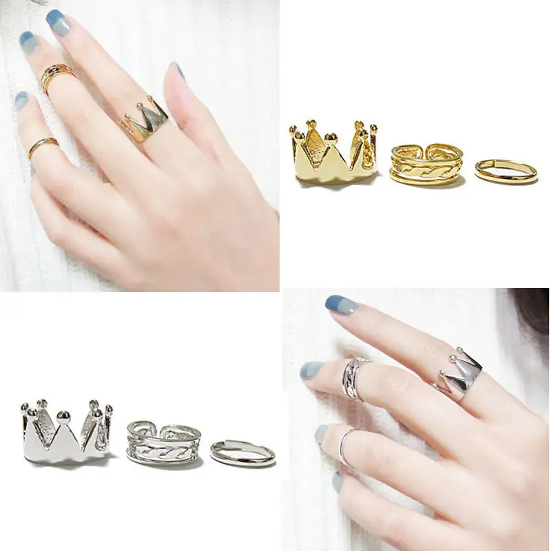 Women Crown 3Pcs Design Stack Above Knuckle Nail Ring Feida 1