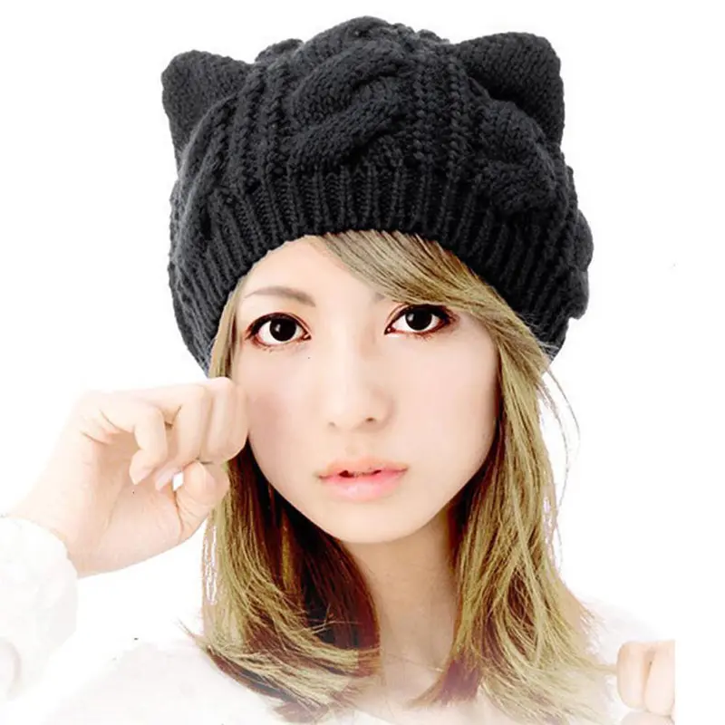 Women Cute Cat Ears Hemp Flowers Knitted Hat Lovely Warm Girl's Beanies 1