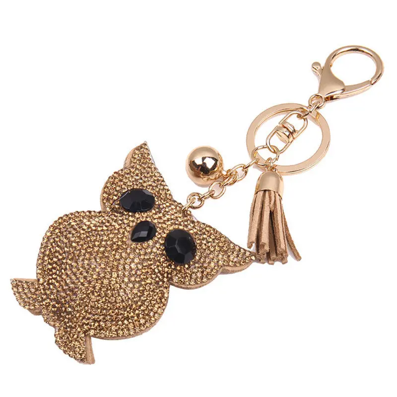 Women Cute Owl Rhinestone Tassel Keychain Bag Handbag Key Ring Gold Car Key Pendant Big Discount Feida 1