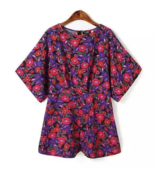 Women Dark Purple Contrast Red Color Floral Print Short Bat Sleeve Playsuit Short Pants Rompers Jumpsuit Bodysuit Overalls 1