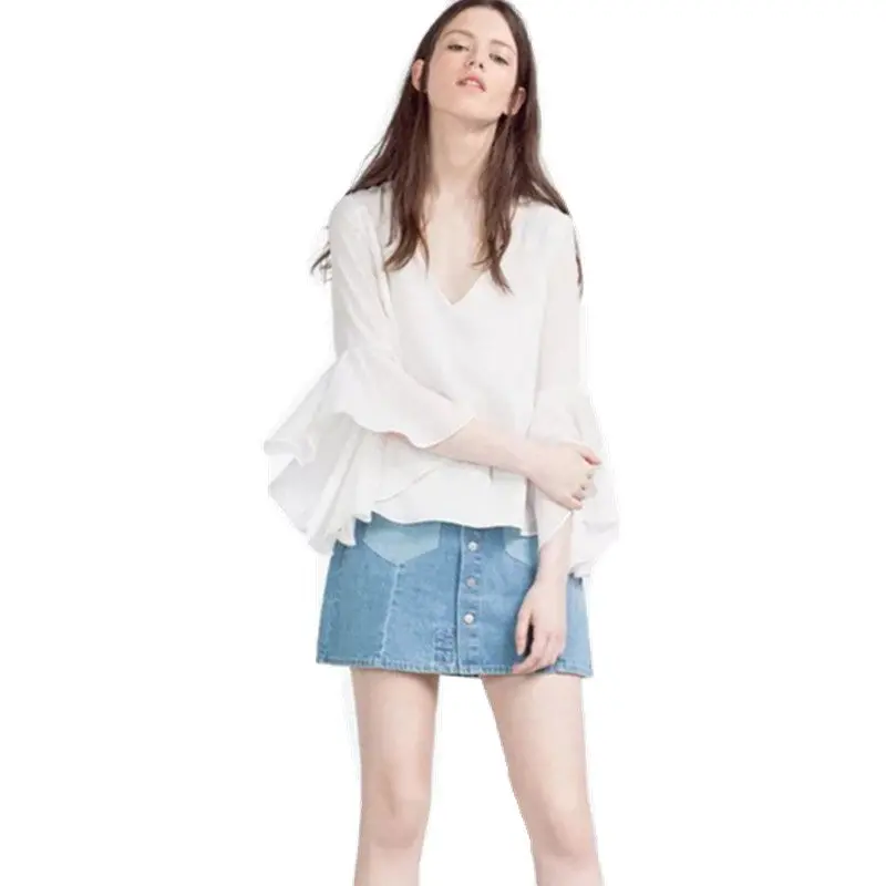 Women Deep V Neck Flare Sleeve Shirt Hollow Out Backless Pullover Blouse Tops Blusas Chemise Femme 3