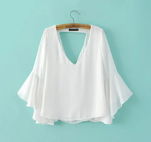 Women Deep V Neck Flare Sleeve Shirt Hollow Out Backless Pullover Blouse Tops Blusas Chemise Femme 4