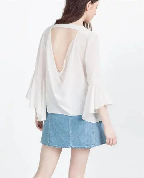Women Deep V Neck Flare Sleeve Shirt Hollow Out Backless Pullover Blouse Tops Blusas Chemise Femme 4