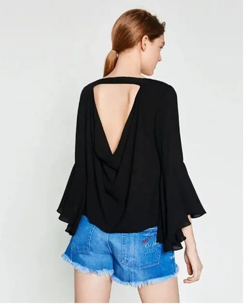 Women Deep V Neck Flare Sleeve Shirt Hollow Out Backless Pullover Blouse Tops Blusas Chemise Femme 5