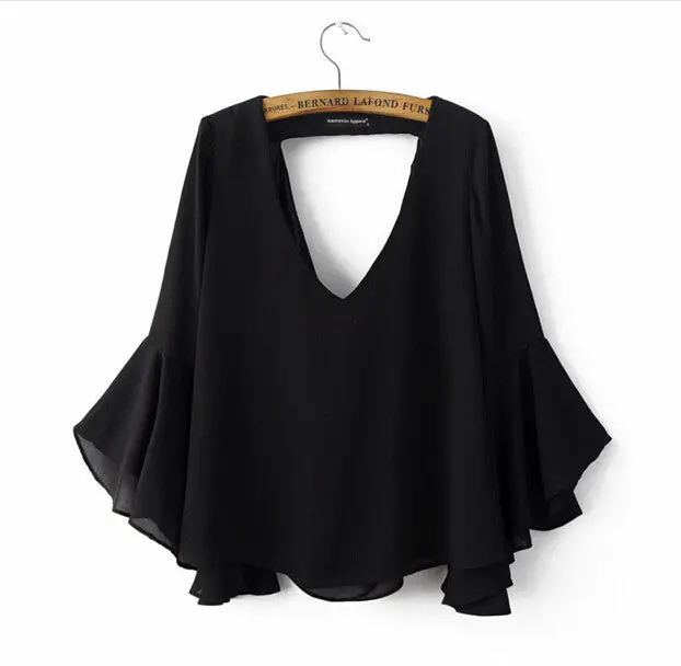Women Deep V Neck Flare Sleeve Shirt Hollow Out Backless Pullover Blouse Tops Blusas Chemise Femme 6