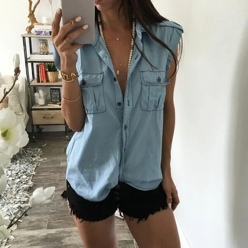 Women Denim Shirt Vest Sleeveless Blouse Shirt Casual Tops Plus Size Feida 1