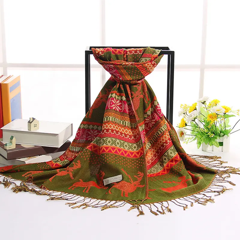 Women Double Sided Deerlet Pattern National Wind Scarf Wrap Shawl 1