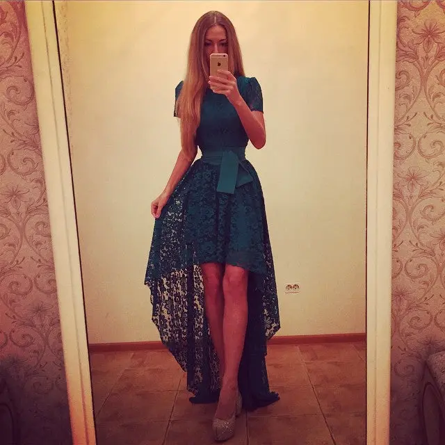 Women Dress Asymmetrical Patchwork Dress Hollow Out Short Sleeve O Neck Lace Maxi Dresses M0024 5
